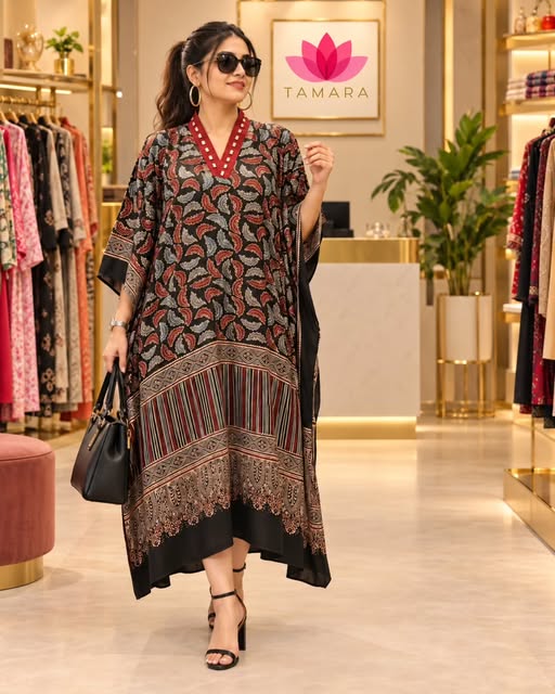 Tamara — Ajrakh modal silk kaftan with mirror work