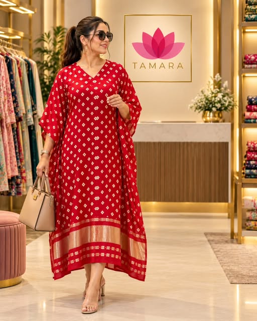 Red Bandhani modal silk kaftan