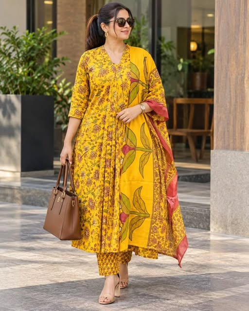 Mustard cotton 3-piece kurta set